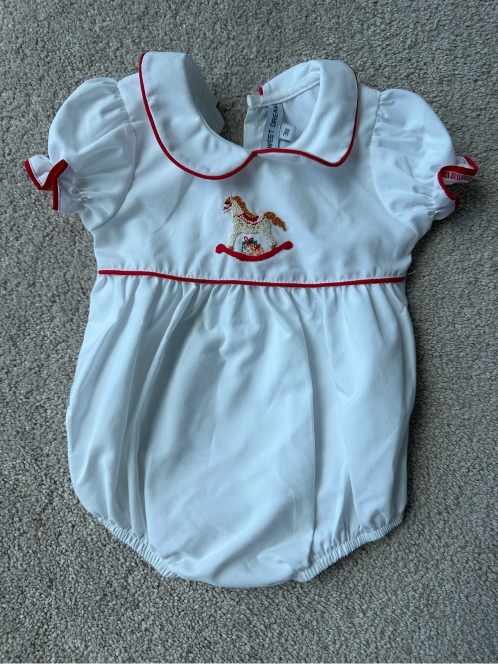 Sweet Dreams White Bubble Romper with Red Piping and Rocking Horse